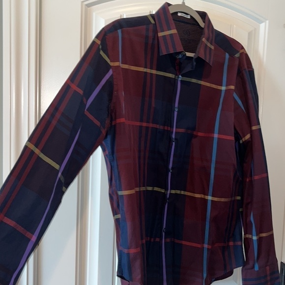 Beautiful windowpane plaid cotton shaped fit button down men shirt bugatchi  XL - Picture 2 of 9